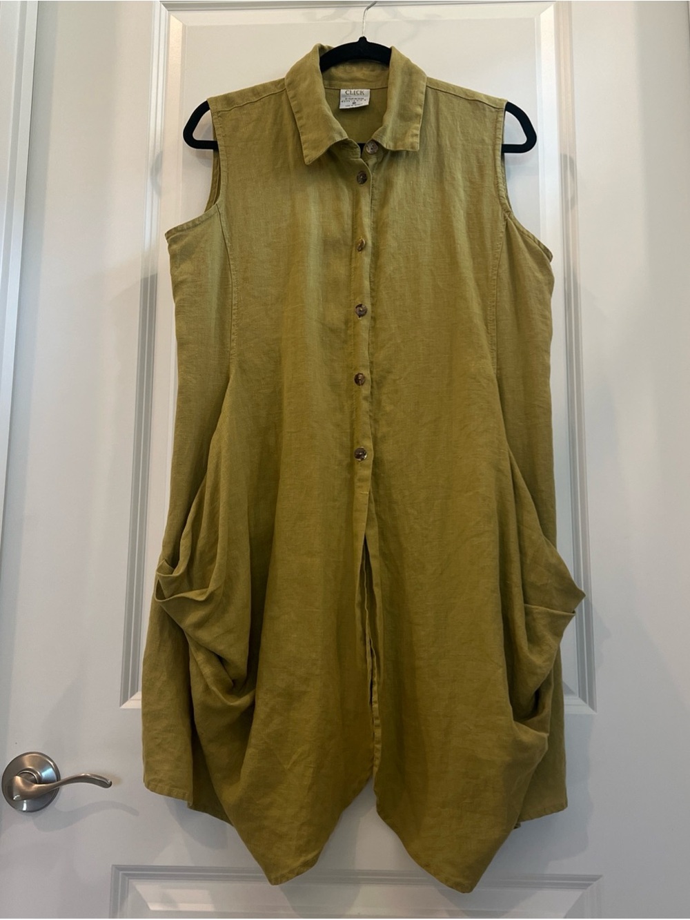 Sleeveless Linen Tunic with Draped Pockets - Olive